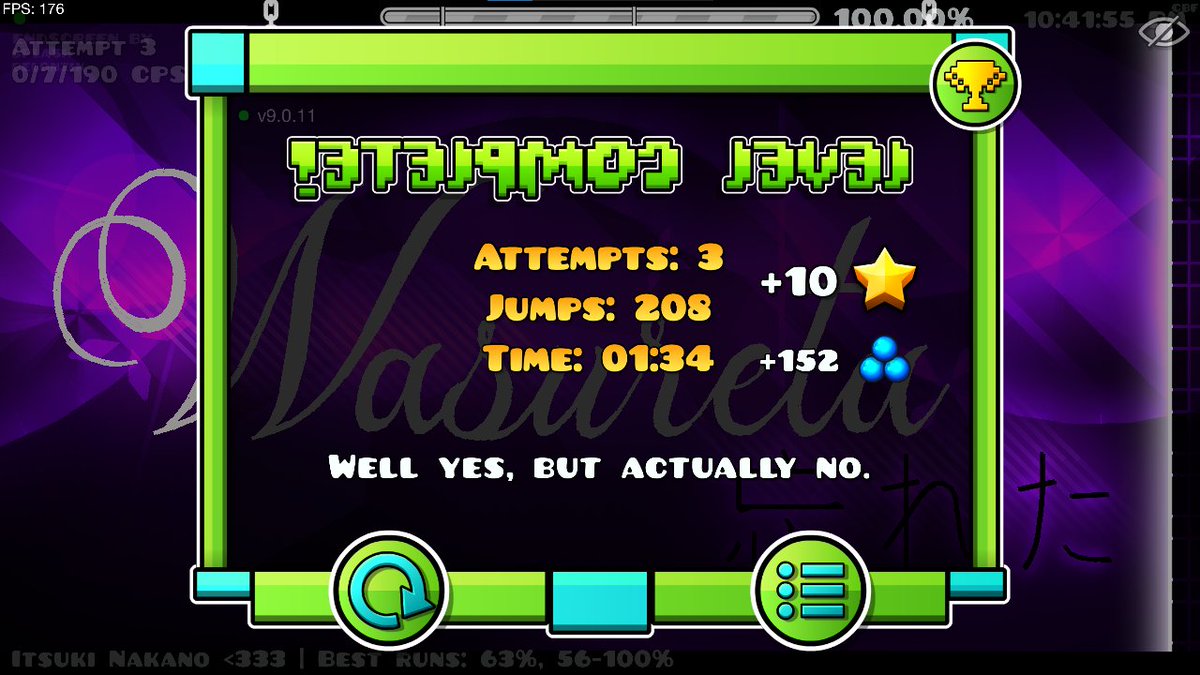 WASURETA 100%!!!

8 STREAMS/DÍAS
13 HORAS DE PLAYTIME
19.336 ATTEMPTS
PEORES FALLOS: 87%, 84%, 71%x2
EXTREME DEMON N°12
SEGUNDO HARDEST

SIGUE DELTA INTERFACE.