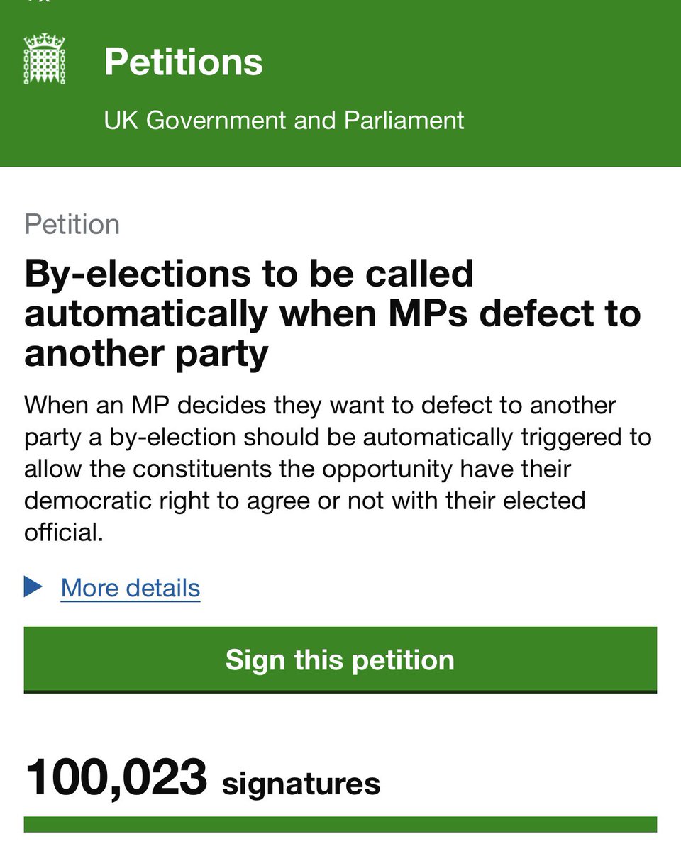 PeterStefanovi2's tweet image. 🚨BOOM!! 💥 YOU DID IT!!!

The Petition for by-elections to be called automatically when MPs defect to another party has hit 100,000 signatures! 

NOW LETS HAVE A DATE FOR A DEBATE IN PARLIAMENT 

Cc @HoCpetitions 

petition.parliament.uk/petitions/7376…