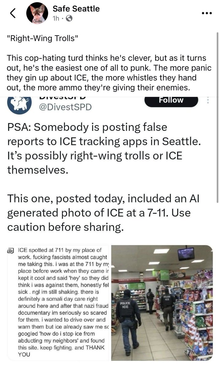 NEW: Seattle’s anti-ICE watch volunteers are being tricked and wasting time responding to false alarms about agents in neighborhoods. 
This is glorious. You know what to do.🇺🇸🔥