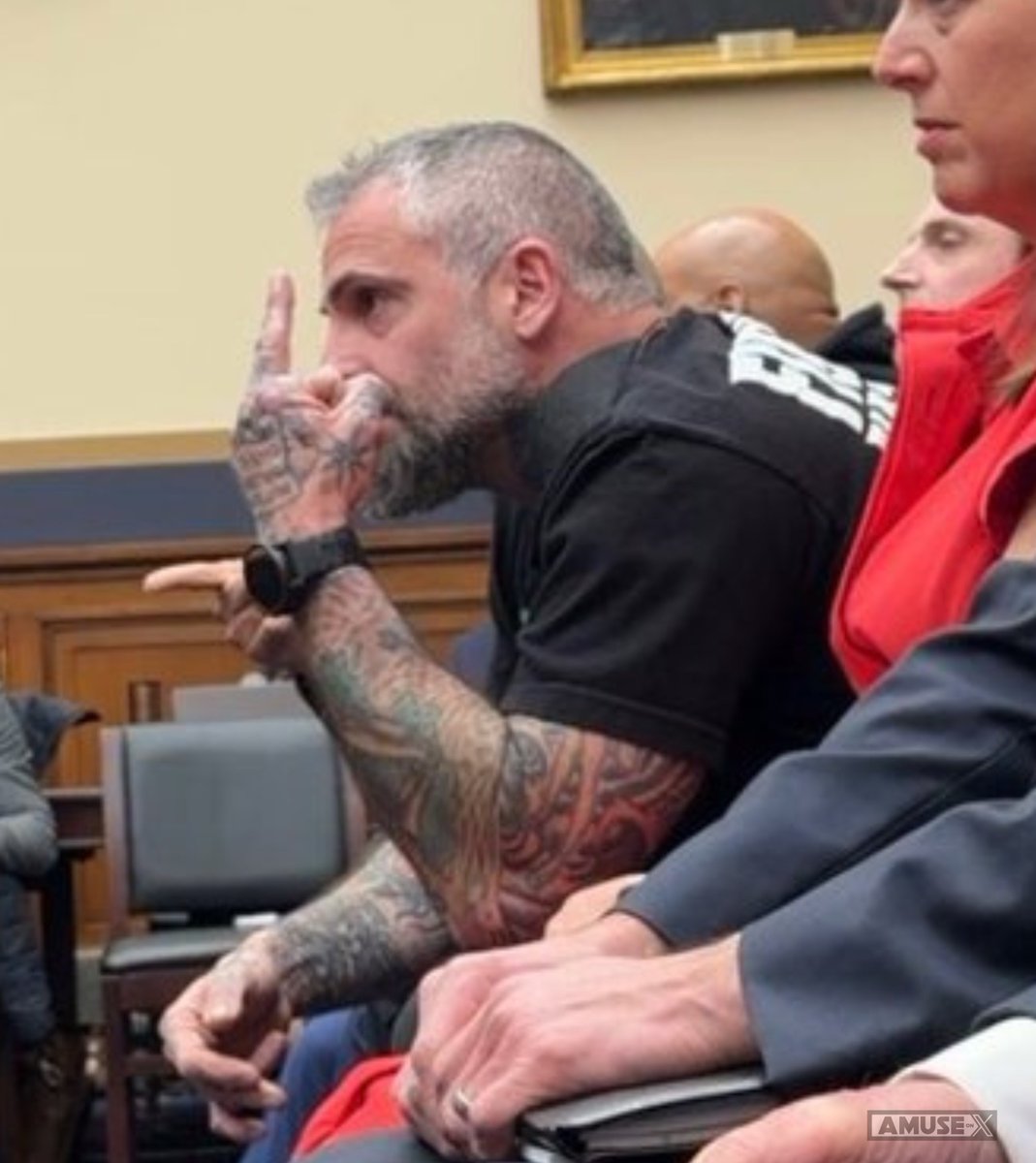 amuse's tweet image. DISGRACE: Disgraced former J6 cop Michael Fanone is the last person who should be trusted with a badge. Here he is flipping off the Judiciary Committee during the Jack Smith hearing. During the hearing he had to be restrained to prevent him from hitting a witness.