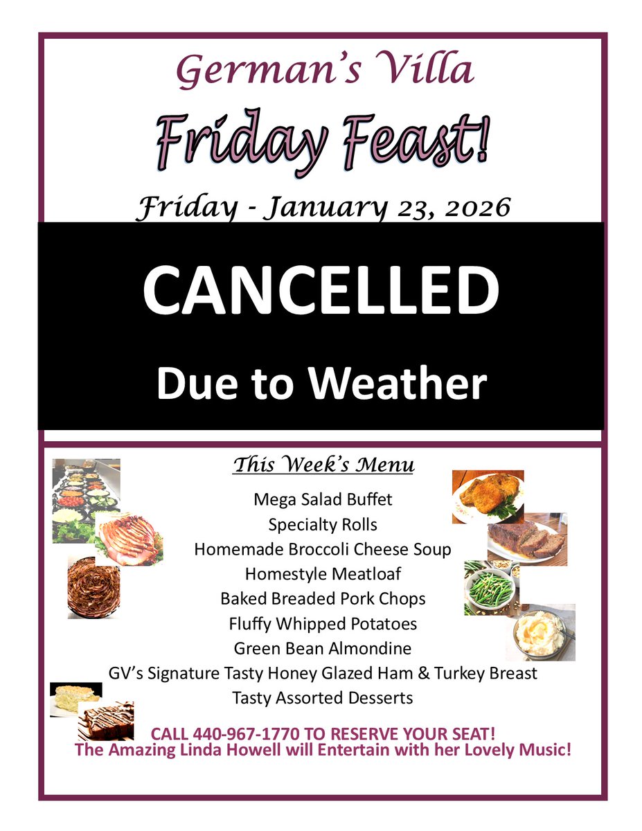 CliffGerman's tweet photo. DUE TO EXTREME WEATHER CONDITIONS FRIDAY FEAST IS CANCELLED FRIDAY JANUARY 23.
WE WILL SEE YOU NEXT WEEK-JAN 30TH! https://t.co/EKKrNAG9jQ