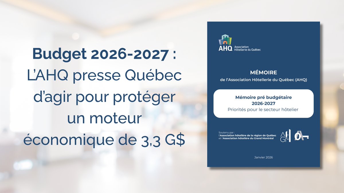 Budget 2026-2027 : L’AHQ presse Québec d’agir pour protéger un moteur économique de 3,3 G$

C’est protéger un actif stratégique pour l’économie du Québec, pour nos régions, pour l’emploi et pour nos finances publiques.

hotelleriequebec.com/budget-2026-20…

#polqc #hotels #tourisme #budget