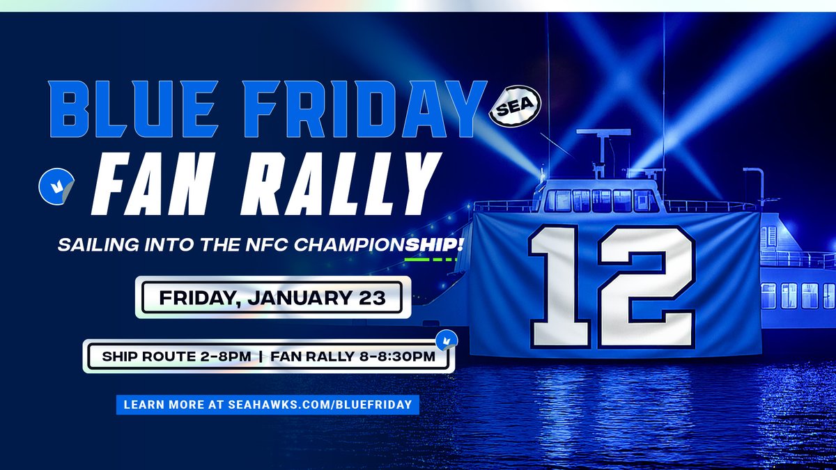 Seahawks's tweet image. 12s, it’s time to rally! This Blue Friday, we’re setting sail into the NFC Championships.

Learn more » seahawks.com/bluefriday