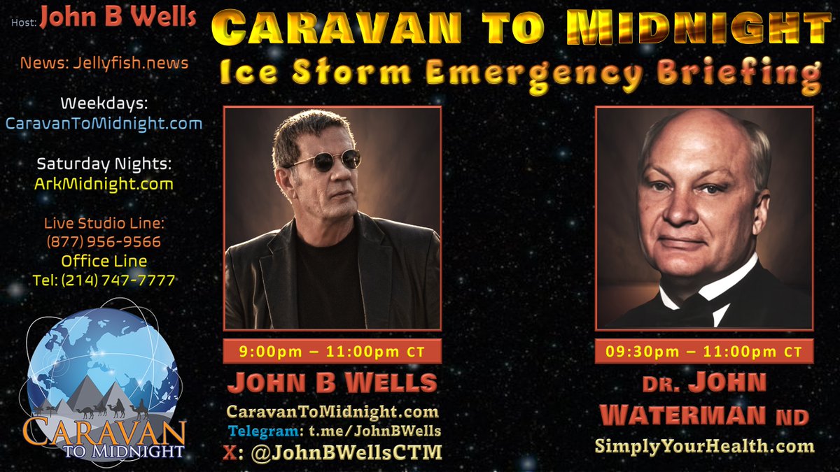 #CTM Tonight
Topic: Ice Storm Emergency Briefing
Start: 8:30pm CT
Store: ctmstore.com

Guest:
• Dr. John Waterman ND
Website: simplyyourhealth.com 

Listen Links:
Tel. Listen Line: 
518-737-0001
AM/FM Radio
arkmidnight.com/stations/
Talk Stream Live: