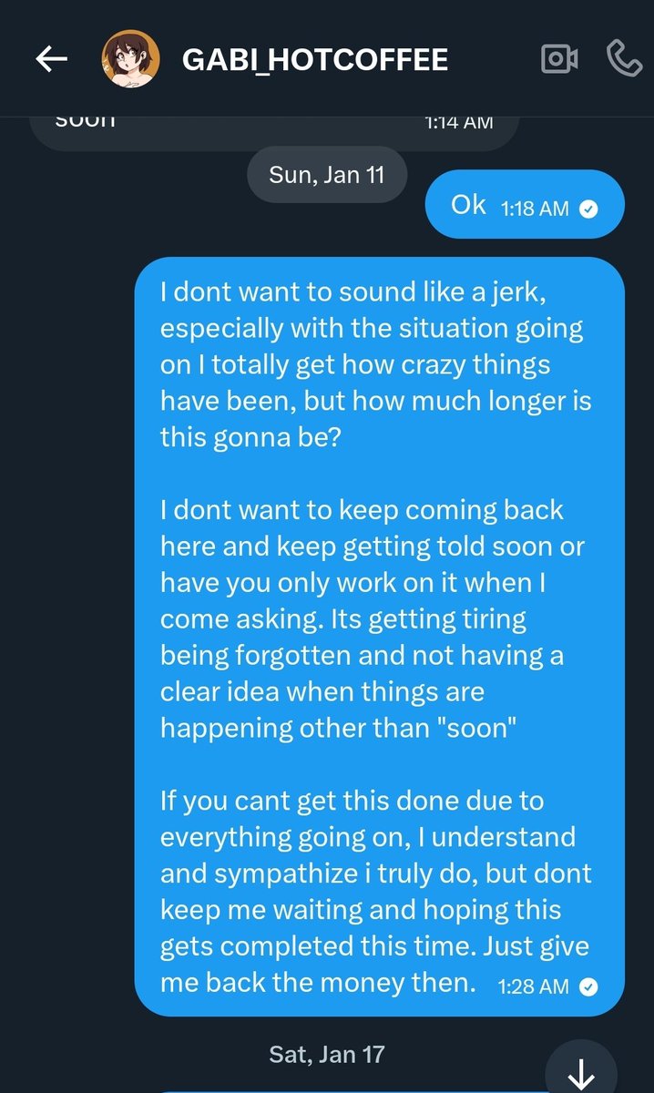 Spaciestcake's tweet image. Feeling frustrated I send another message the 11th, asking how much longer its gonna take. I get no response for a few days and check their profiles. And I do see fan art posted on the 7th that I missed.