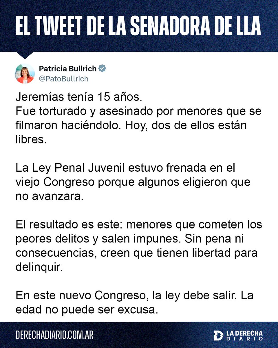 🚨🇦🇷 | #URGENTE Bullrich explotó tras revelarse el siniestro video del asesinato y tortura de Jeremías Monzón, y llamó a aprobar la baja de la edad de imputabilidad de inmediato: "La ley debe salir. La edad no puede ser excusa. Sin pena creen que tienen libertad para delinquir".