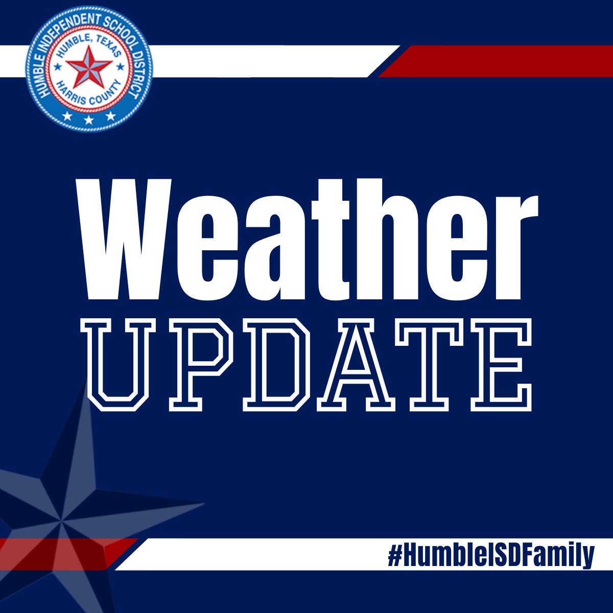 Winter Weather Update: 5 p.m. January 22

#HumbleISD is closely monitoring weather conditions. All classes and activities for Friday, January 23, are scheduled as normal. The district will provide an update at approximately noon on Friday regarding any activities that are