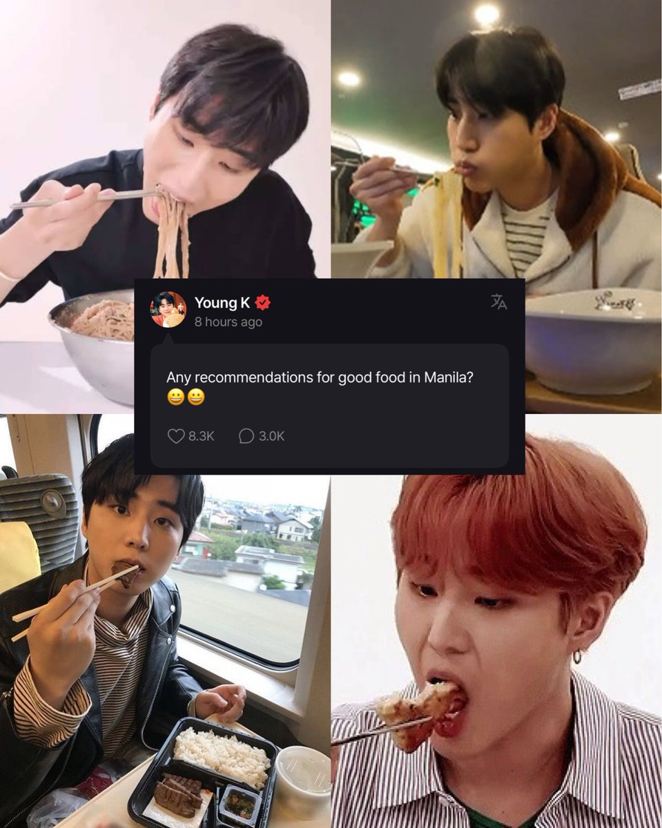 Unang post ni Young K pagkalapag sa Manila:

“Any recommendations for good food in Manila?”

Pakibigyan nga ng lechon ang baby na yan charot 🤣