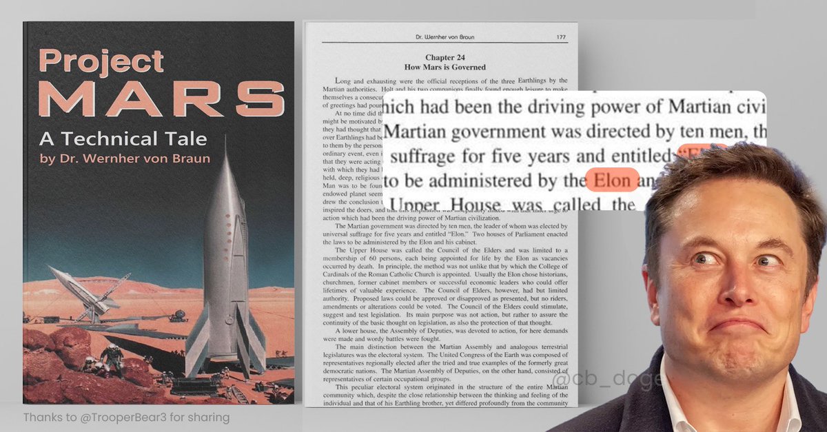 TheProjectUnity's tweet image. Totally not weird that WWII German V2 Rocket Scientist, Operation Paperclip asset and a founding father of NASA, Wernher Von Braun, wrote a sci-fi novel in the 1950s about colonising mars wherein the title of the leader of Mars was...

The Elon

Because 'Elon' is so common right?…