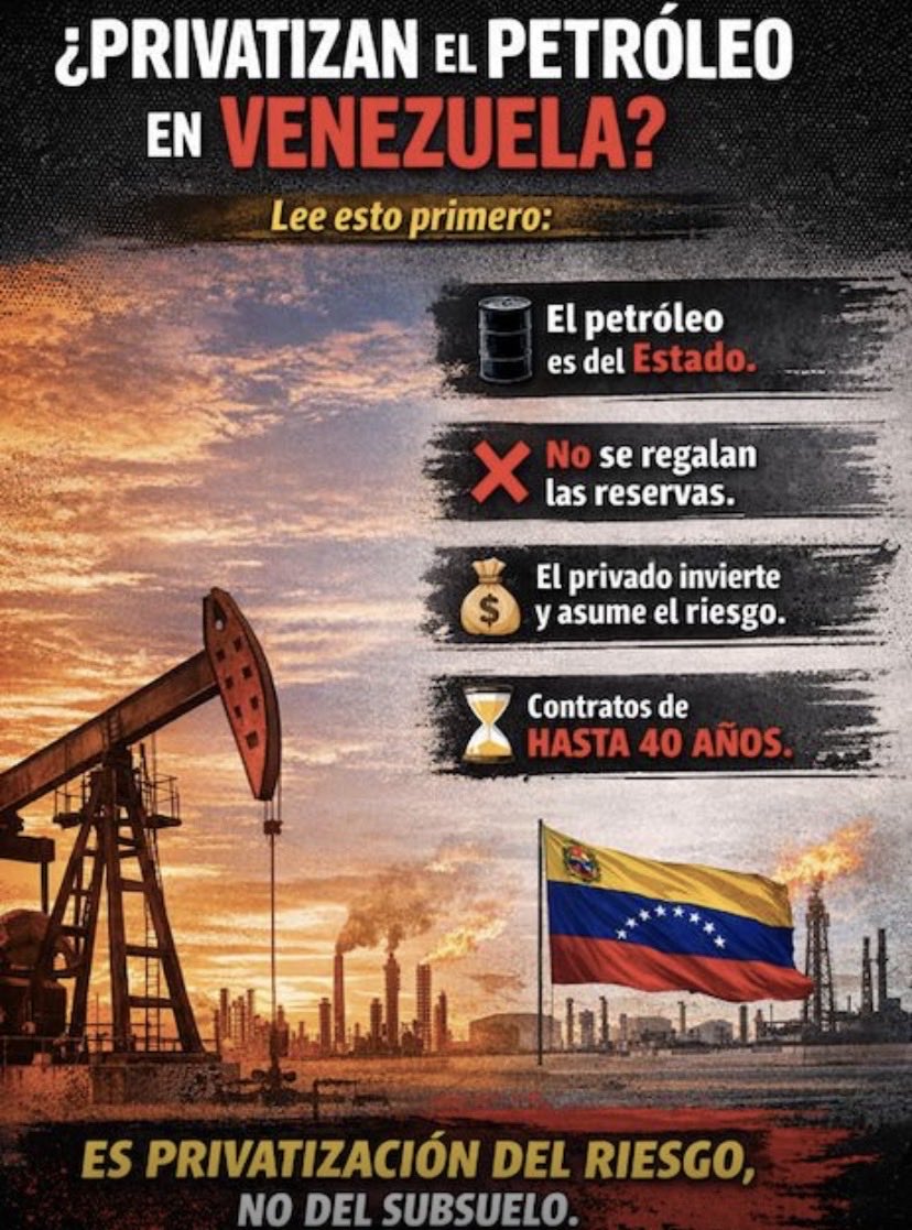 antdelacruz_'s tweet image. ¿La nueva Ley de Hidrocarburos privatiza el petróleo en Venezuela?
No. Pero tampoco es el viejo estatismo. 

1. Empecemos por lo básico:
 El petróleo NO se privatiza.
Los yacimientos siguen siendo del Estado. El subsuelo sigue siendo público..

2. Entonces, ¿qué cambia?
Cambia…