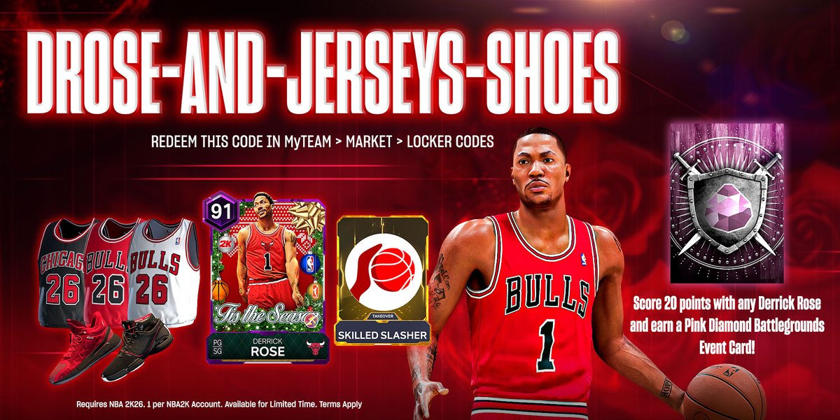 NBA2KMyTEAM's tweet image. A moment Chicago will never forget 🌹🏀
From MVP to legend, Derrick Rose, the youngest MVP in NBA history and a Chicago icon, is being honored as the Bulls retire his jersey. Celebrate his legacy in MyTEAM!

Redeem DROSE-AND-JERSEYS-SHOES for:
☂️ 91 OVR Derrick Rose
👕 Chicago…