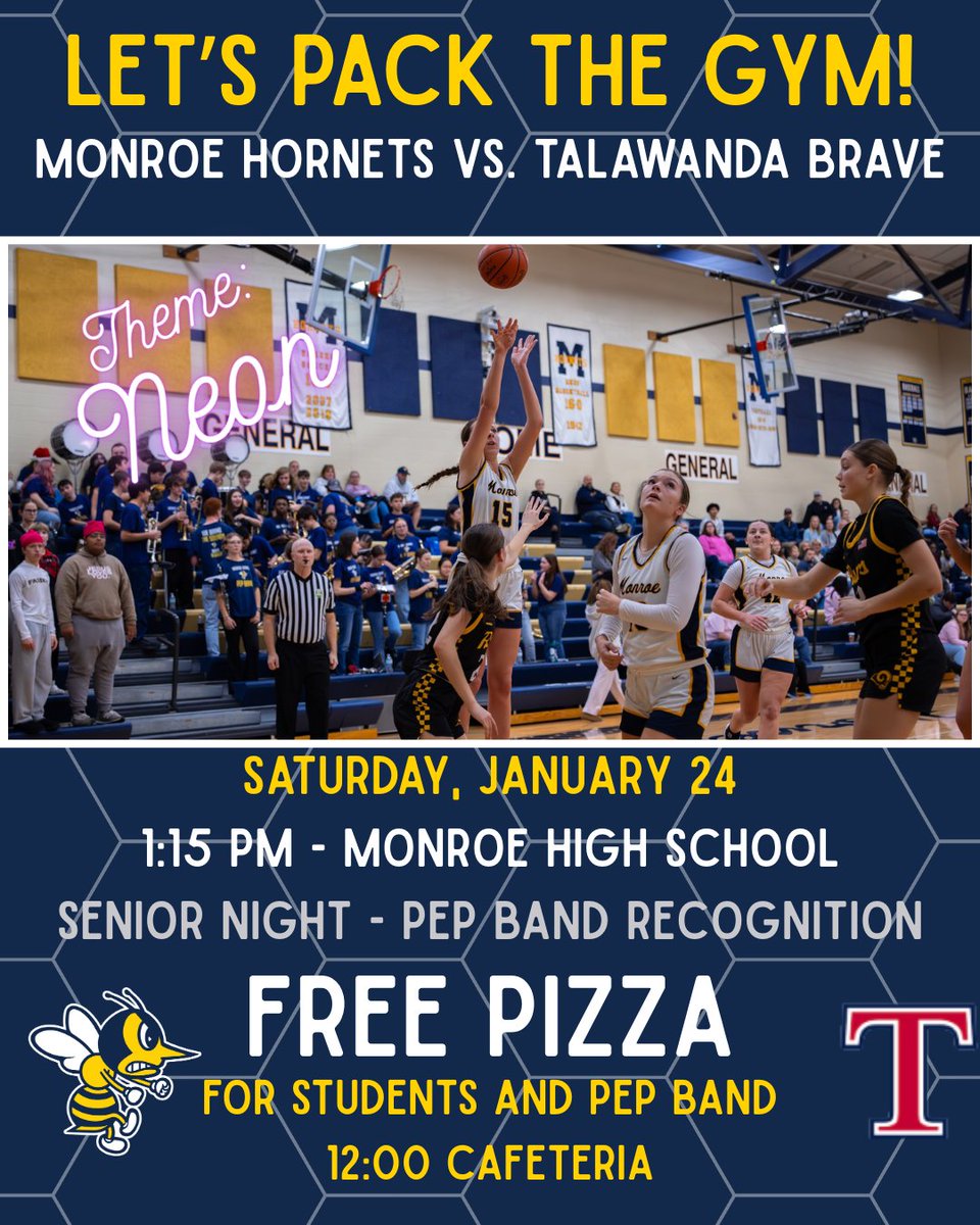 It is a legendary season to be a Hornet! Both our varsity boys (12-2) and girls (12-3) basketball teams are putting together historically great seasons.
This weekend, the stakes get even higher with HUGE SWBL matchups. We need the stands packed and the gyms loud! <a href="/HornetsInGame/">Monroe Athletics</a>