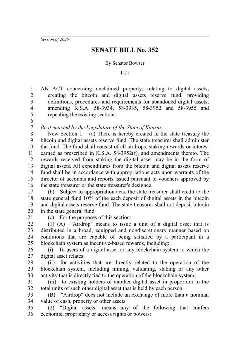 速報】🇺🇸 米カンザス州で、ビットコインや暗号資産を「戦略備蓄」として保有するための法案が提出される
