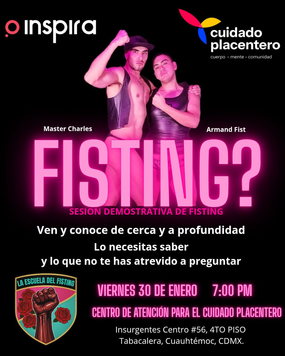 ESCUELAFFMX's tweet photo. Este 30 de ENERO, LA ESCUELA DEL FISTING tendrá una demostración informativa sobre Ésta práctica 🤛🏽💥🤜🏽

Además el Dr  @DocMarioGZ estará resolviendo dudas sobre SALUD ANAL 👨🏽‍⚕️⭕

La cita es a las 7:00pm en las instalaciones de @InspiraCambioAC. 
🫰🏽Evento gratuito para todxs🫰🏽 https://t.co/Cj4Bpzo4KD