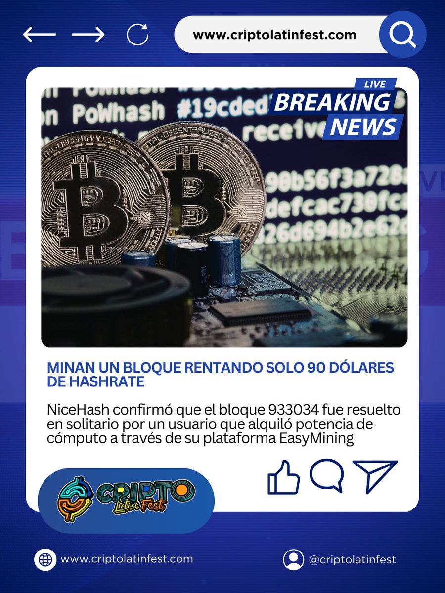 🚨⛏️ ¡Minería extrema en Bitcoin! 💥💰 Un minero solitario logró lo  impensable: alquilar hashrate por solo USD 90 en NiceHash y minar un bloque  completo de Bitcoin 🤯⚡ 🔹 Recompensa obtenida: ~USD