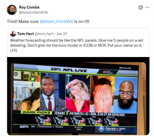 A GREAT idea has been brought to my attention <a href="/PatMcAfeeShow/">Pat McAfee</a>!!!! Next time you talk about the weather, you gotta get a couple of meteorologists and do something like this!! Thank you <a href="/broncofan4life/">Roy Combs</a> for the idea!!