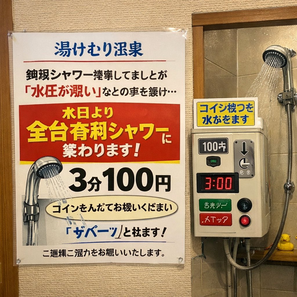 サービスの一環として、 洗い場のシャワーを無料で提供していましたが… 「水圧が弱い」「もっとマシなのを置け」等の心無い声が😮‍💨  ですので、本日より全台有料シャワーを設置致しました。 何卒、ご理解とご協力の程 お願い致します。 #公衆浴場法施行規則 #公衆浴場 ...