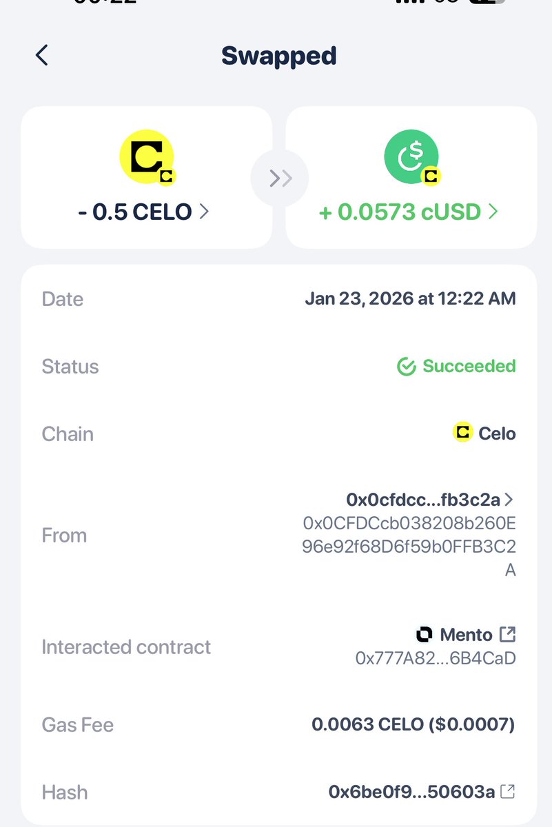CELO → cUSD using <a href="/MentoLabs/">Mento (fx/acc)</a> 
Low fees, fast settlement, and a stable outcome-exactly what I needed