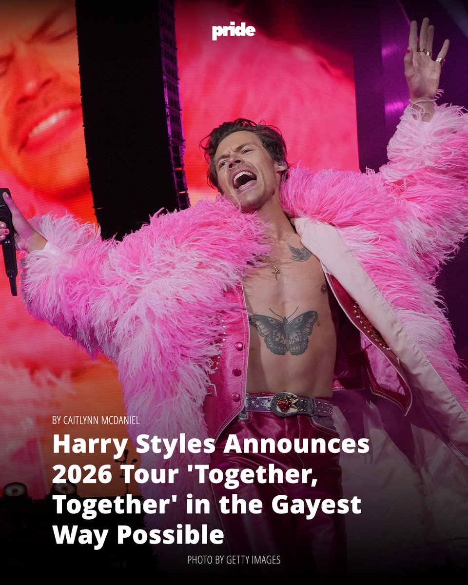 Pride's tweet image. Harry Styles announces his 2026 Together, Together world tour with dates, new music, and inclusive visuals celebrating love.

🔗: gayety.com/harry-styles-a…