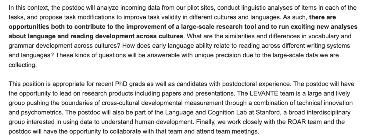 mcxfrank's tweet photo. New postdoc position with the LEVANTE project! We're looking for someone with language development / reading knowledge to help work on our international adaptations of language assessments. Please forward to interested candidates! https://t.co/U3oTciM9z6