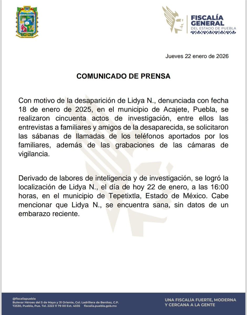 laredcincoradio's tweet image. #ÚLTIMAHORA🚨📄|| Tras labores de investigación e inteligencia, autoridades confirmaron la localización de Lidya N., quien había sido reportada como desaparecida el 18 de enero en el municipio de Acajete, Puebla. Fue encontrada este 22 de enero en Tepetixtla, Estado de México, en…