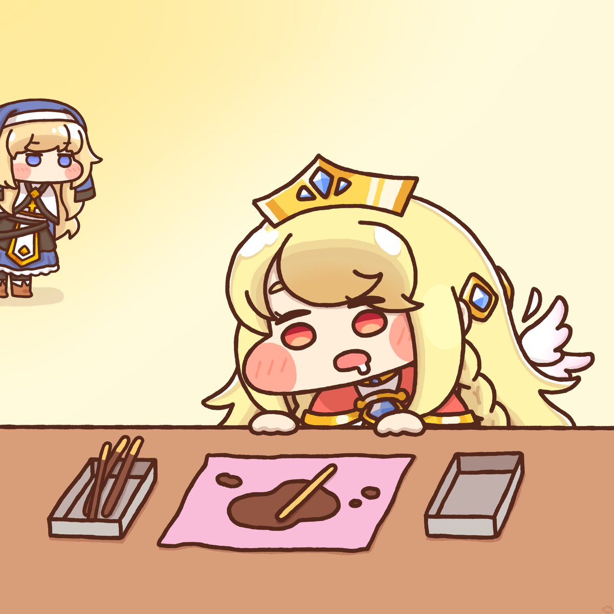 mocmocc_'s tweet photo. トリッカルの冒険協会（アルバイト）にて。

『棒状のクッキーからチョコ剥がし』は、
女王さまにはとてもつらいお仕事だろう･･･
と想像して描いたヒトコマ。

#トリッカル #Trickcal #エルフィン #ネル https://t.co/WiNpwgQkPF