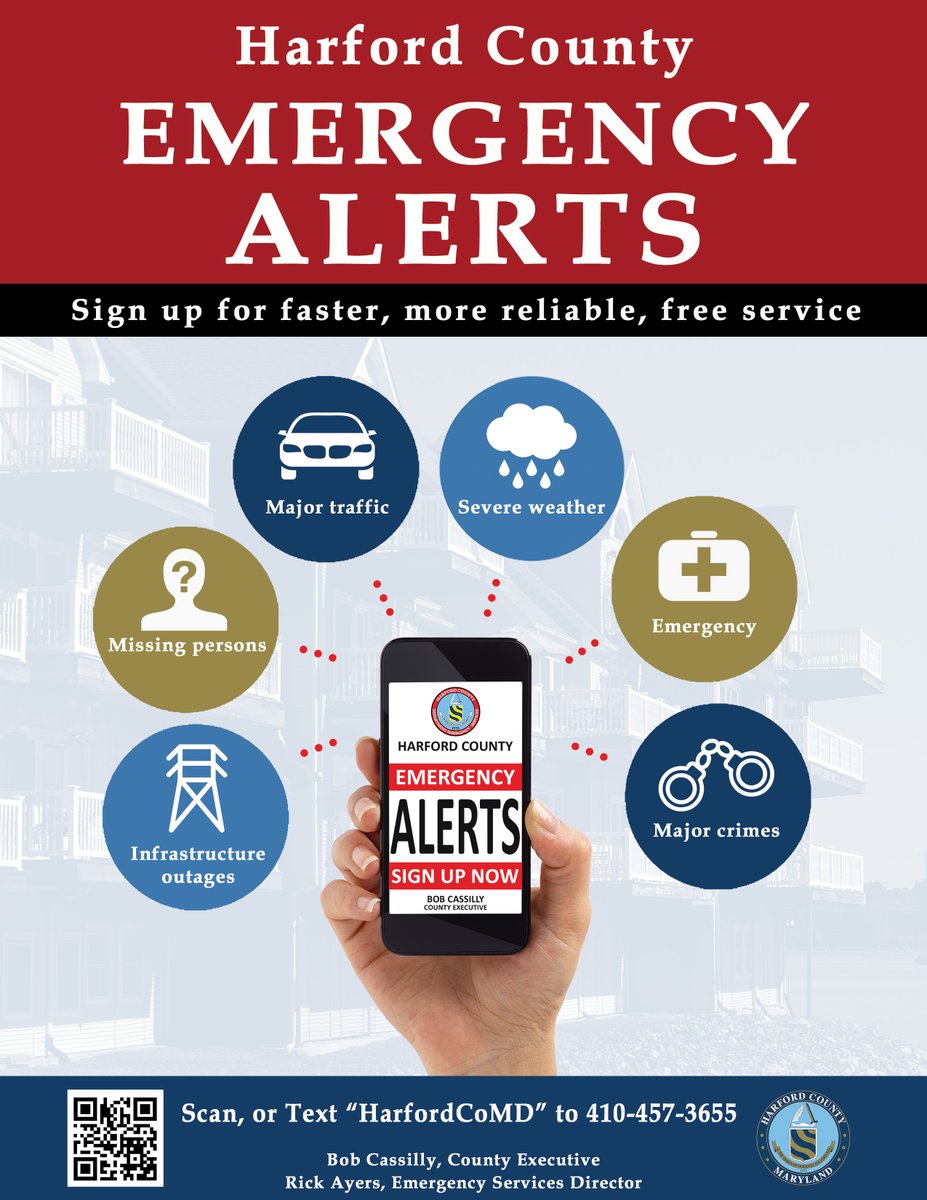 Want to make sure you receive emergency messages throughout the upcoming snowstorm? If you haven't already, sign up for emergency alerts from Harford County. Scan the QR code below or text "HarfordCoMD" to 410-457-3655. <a href="/HarfordCountyMD/">Harford County Gov't</a>