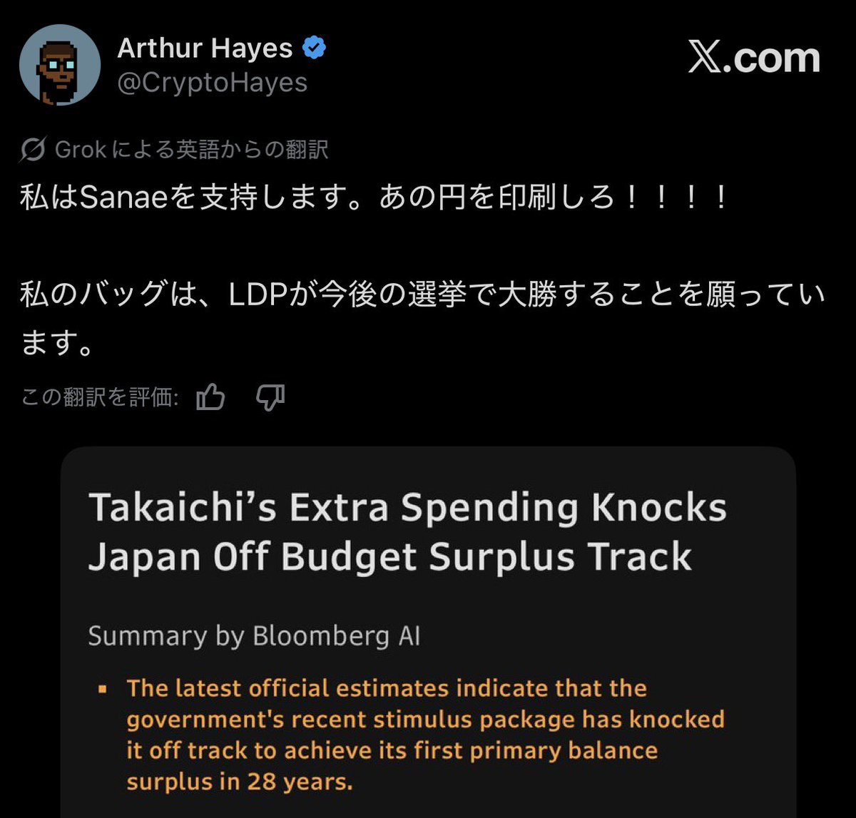 アーサー・ヘイズ： 私はサナエを支持する。円をどんどん刷れ！！！ 私の保有資産的には、次の選挙で自民党が大勝してほしい。