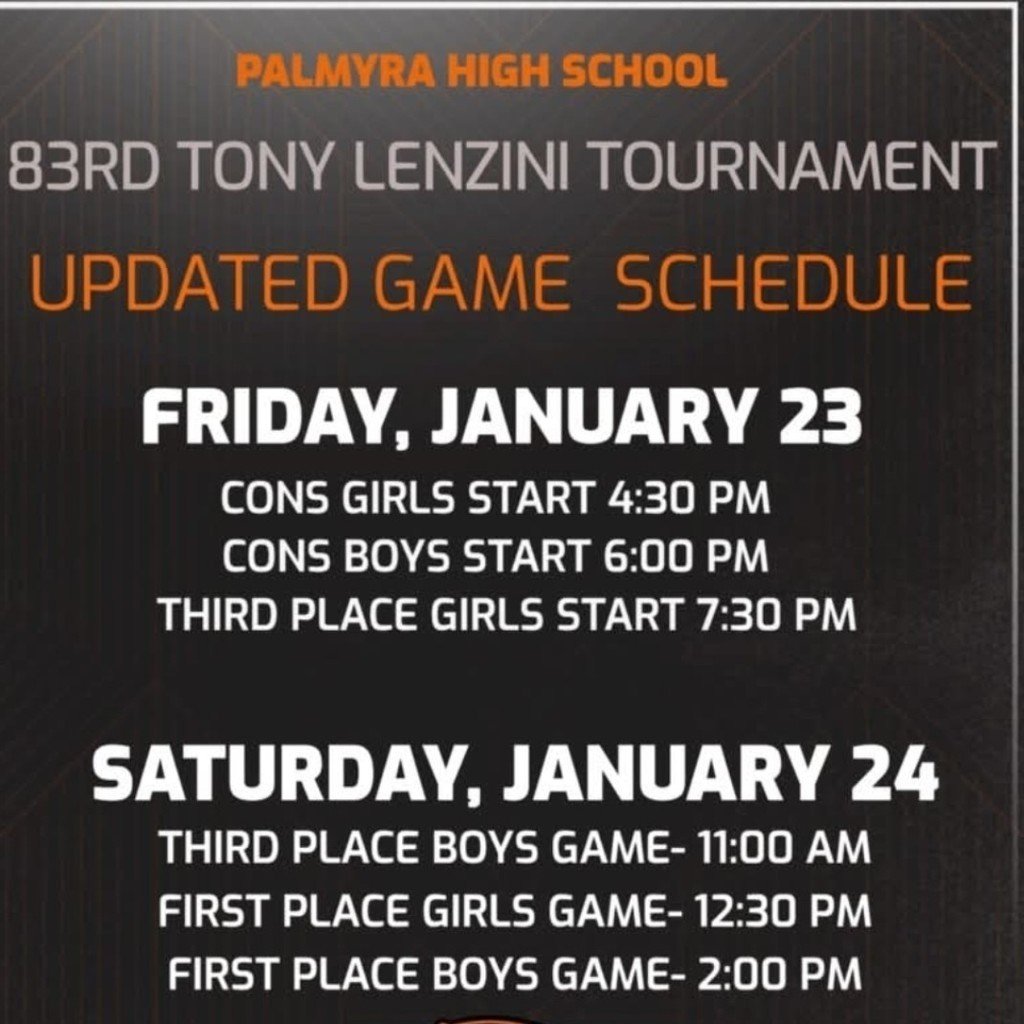 📣Tournament Update📣

Due to the forecasted weather this weekend, the Palmyra tournament games on Fri/Sat have been moved up. The Lady Cougars will play in the championship game on Sat (1/24) at 12:30PM.

#WeAreHighland
#GoCougars