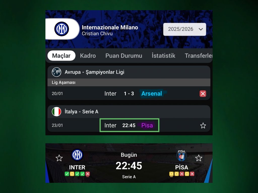 matrixiddaa's tweet image. 2024/25 Atalanta Şampiyonlar Ligi’nde Arsenal ile oynadıktan sonra Como ile sürpriz çıkartıyor. (Como o sene lige yeni yükselen takım.)

2025/26 İnter bu hafta Şampiyonlar Ligi’nde Arsenal ile karşılaşmıştı, yarın ise bu sene lige yeni yükselen Pisa takımı ile oynayacak. 

👉🏼 Bu…
