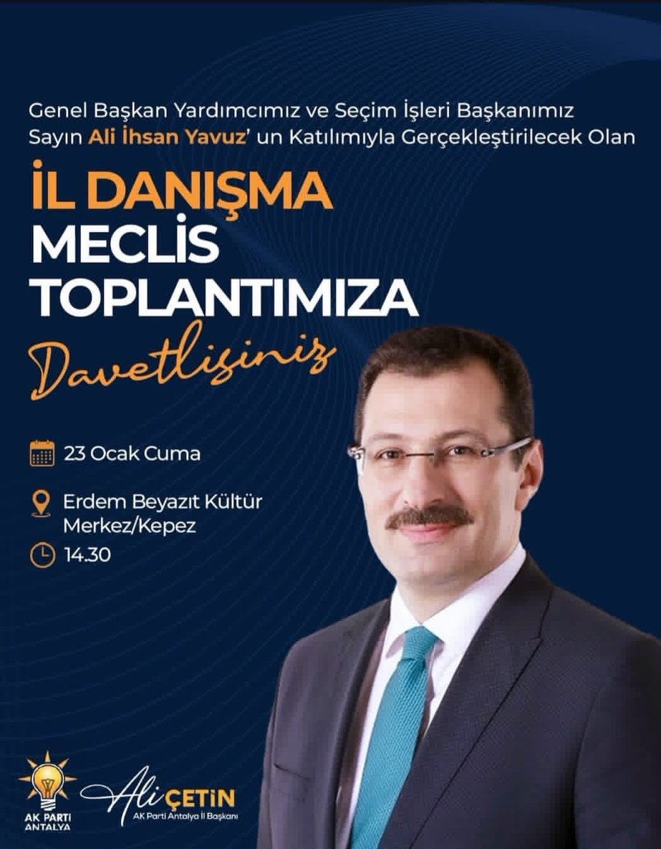 AK Parti Antalya İl Başkanlığımız tarafından düzenlenen
İl Danışma Meclisi Toplantımıza
Genel Başkan Yardımcımız ve Seçim İşleri Başkanımız
Sayın Ali İhsan Yavuz’un katılımlarıyla
tüm teşkilat mensuplarımız davetlidir.

Birlikte istişare edecek, birlikte güçleneceğiz.