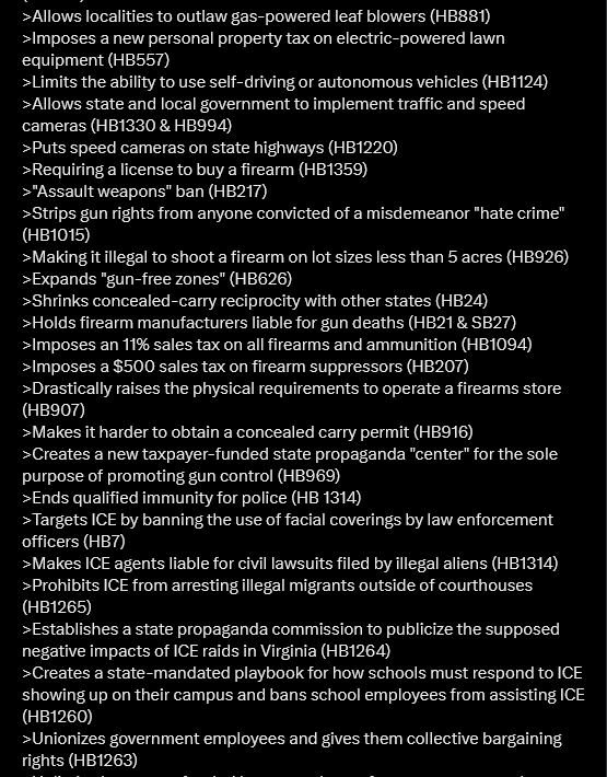 H8RBAIT's tweet photo. So Virginia voted for a literal CIA Agent, @SpanbergerForVA as their Governor.
These Commies have been in power for less than a month! THIS is what they've ALREADY pushed through...
What do u think is going to happen when they win the Presidency?!
#FightNowOrDIE #TakeAmericaBack https://t.co/5eF9YwijlM