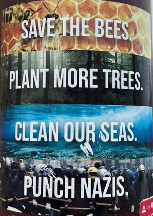 SAVE THE BEES.   
PLANT MORE TREES.
CLEAN OUR SEAS.
PUNCH NAZIS.