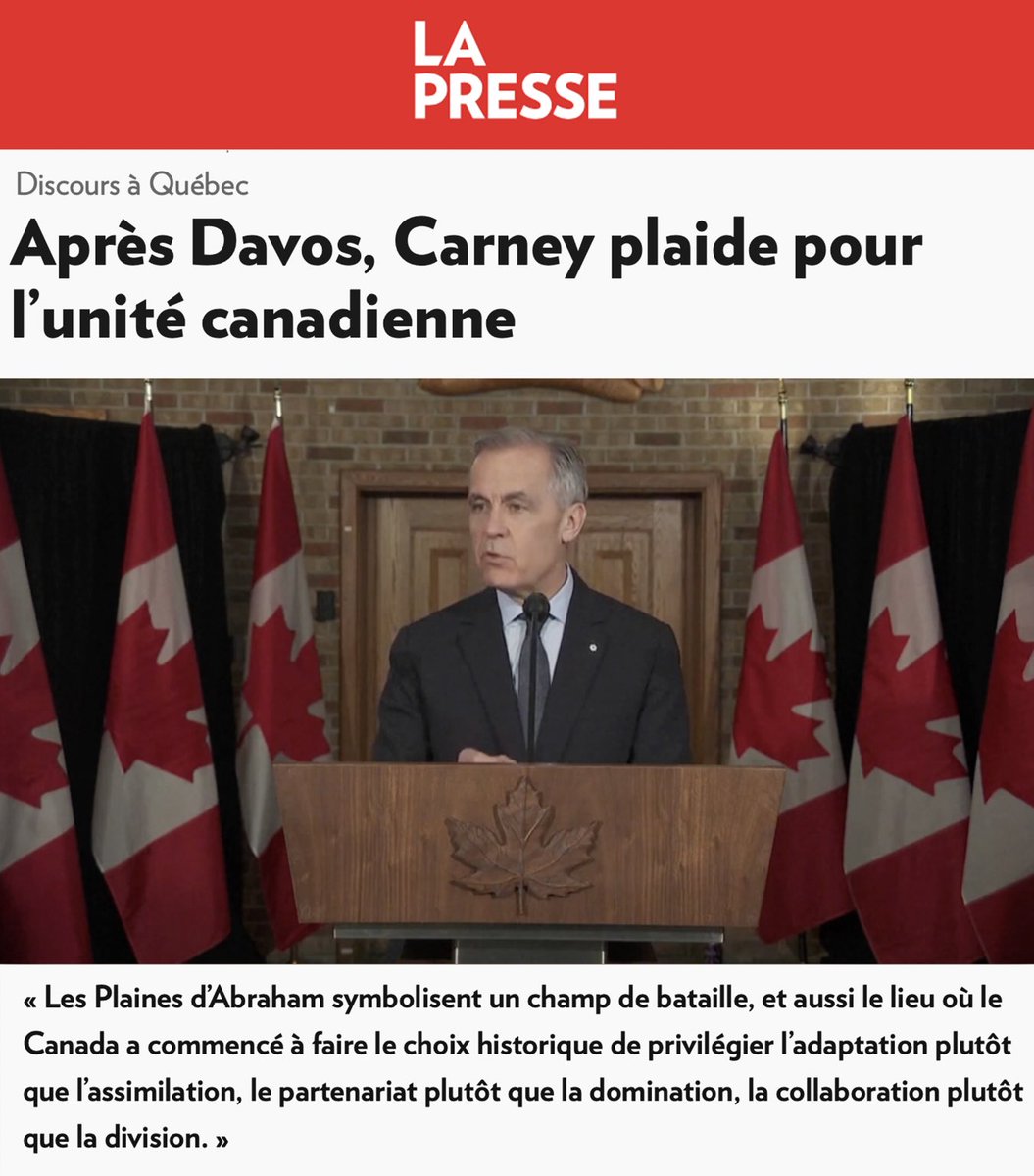Mark Carney a le droit de plaider pour l’unité canadienne, mais il n’a pas le droit de réinventer l’Histoire pour servir son narratif.

La Conquête n’est pas le début d’un « partenariat ».

À l’inverse, c’est LE début des tentatives d’assimiler notre peuple.

Orwellien. 🥶