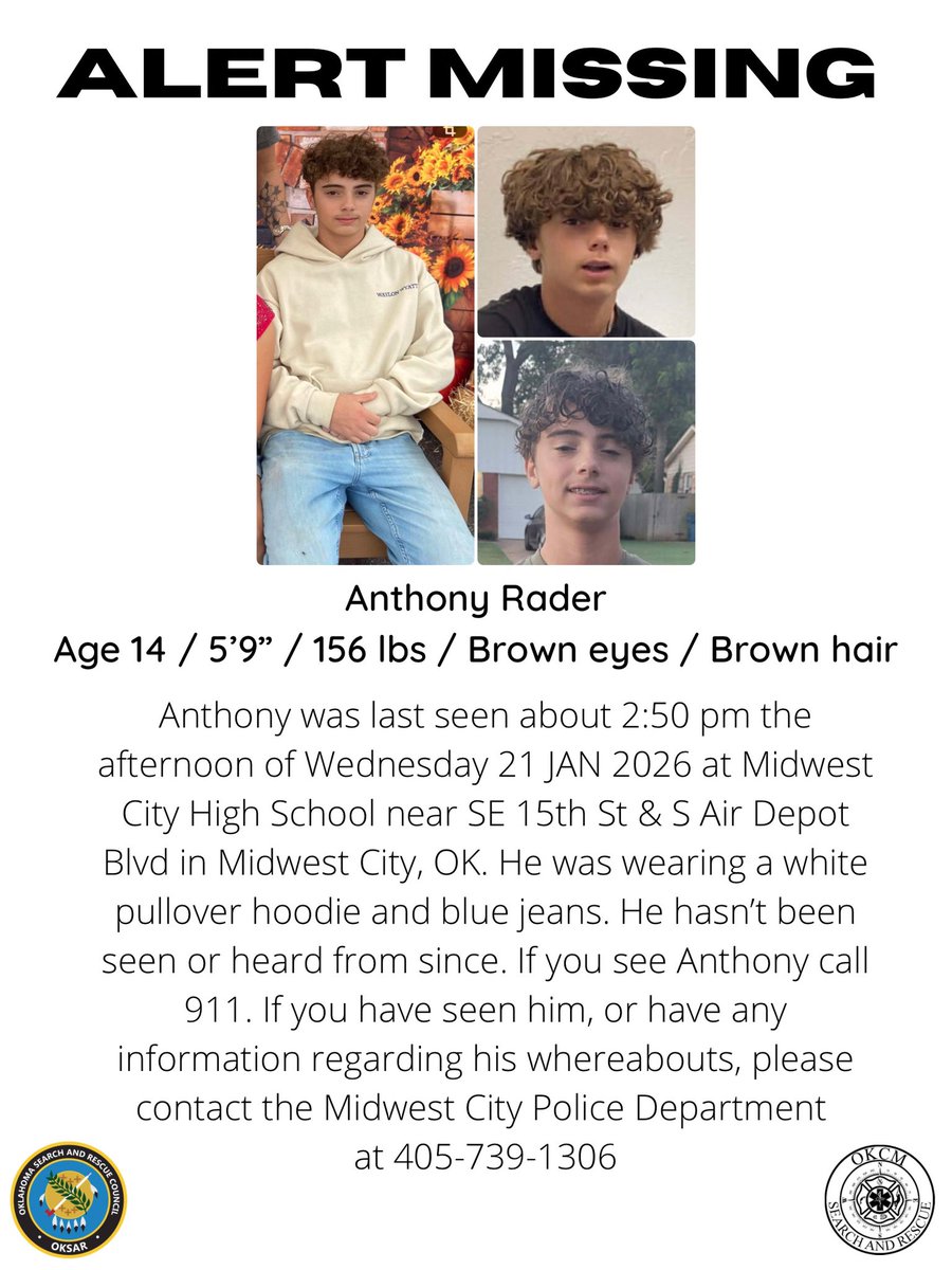 Missing from Midwest City, OK

CALL 911 IF SEEN

Contact <a href="/MidwestCityPD/">Midwest City PD</a> with information