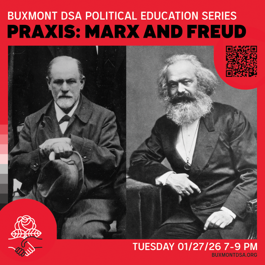 RSVP before 1/27 7PM (link in bio)! Join us for a discussion of Sigmund Freud &amp; Karl Marx, including:
- their contributions &amp; achievements to understanding  human behavior
- their areas of disagreement &amp; alignment
- basics of Psychoanalysis &amp; Dialectical Materialism
#buxmontdsa