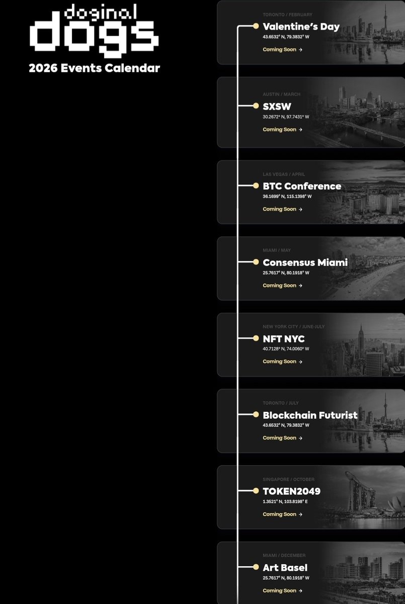 Hofers's tweet photo. The official Doginal Dog world tour has dropped

Valentines Day Toronto ❤️
SXSW Austin 🤠
BTC Conference Vegas 💸
Consensus Miami 🧠
NFT NYC 🗽
Futurist Tornto 🍁
Token2049
Art Basel 🎨

Lets dive into the previous DD events so we can get an idea of what to expect

A THREAD 🧵 https://t.co/NnsVjcOJSF