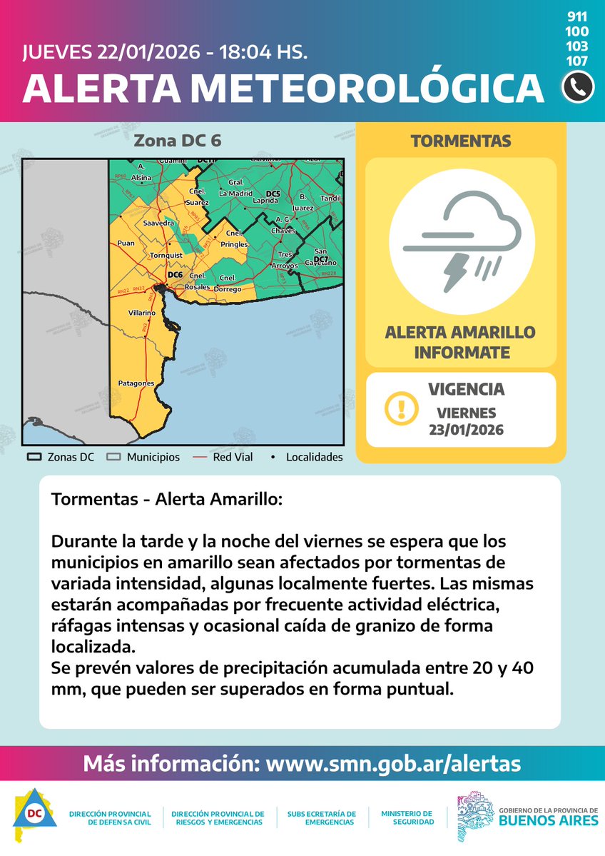 Informe neteorologico - 20.55 hs

Descripción alerta amarillo por tormentas – Viernes 23/1

Durante la tarde y la noche del día viernes 23/1, se desarrollarán lluvias y tormentas de variada intensidad sobre el sudoeste de la provincia.

Algunas tormentas podrían ser localmente