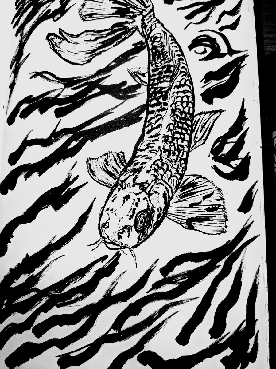 mucrow777's tweet photo. One-Shot Challenge! 30 mins, 1 brush, no eraser, no rough sketch. I captured a soul-striking moment in a single rush.
​Nishikigoi（錦鯉）. A noble and resilient life force pulsing beneath the water's surface.
​#drawing #illustration #one_shot #handdrawn #animal https://t.co/1k0p2pspXD