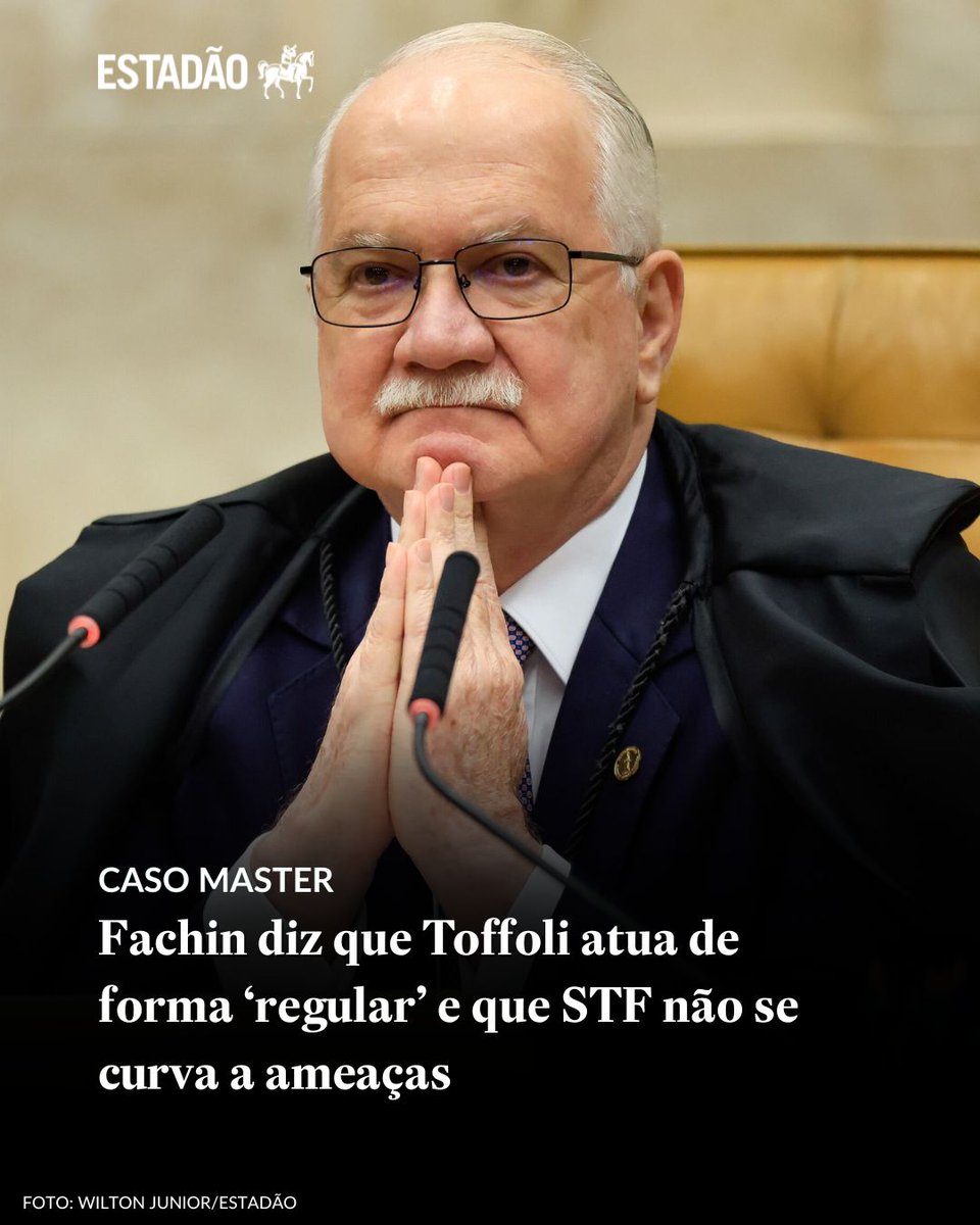 Estadao's tweet image. FACHIN DEFENDE TOFFOLI

Presidente do Supremo diz que colega atua de forma 'regular' e que o tribunal não se curva a ameaças &amp;gt; bit.ly/4qC5P72