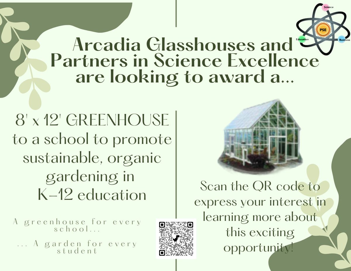 Partners in Science Excellence is proud of our partnership with Arcadia GlassHouse to bring this opportunity to schools in Lake and Geauga Counties.  Scan the QR code to express your interest in this opportunity.  For more information use this link: forms.gle/zpCGA8uMfbF6Jr…