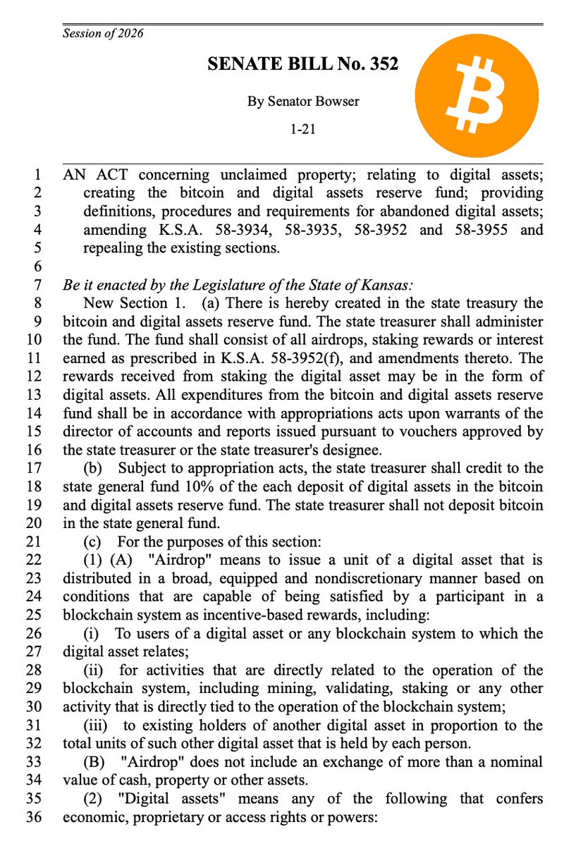 🇺🇸 米カンザス州上院議員のクレイグ・バウザー氏が、戦略的ビットコイン準備金（Strategic Bitcoin Reserve）  を創設する法案を提出しました 👀 （詳細は画像ALTにて）