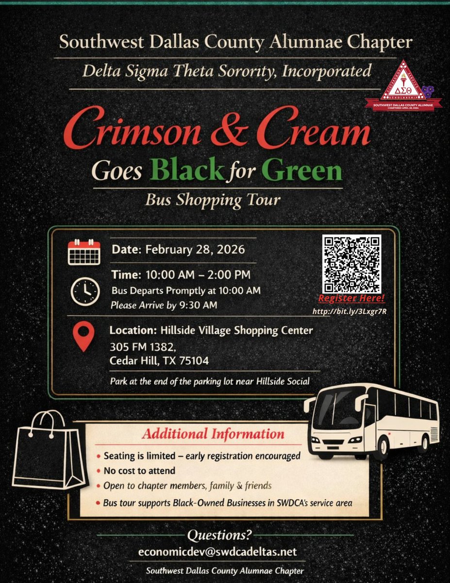Crimson &amp; Cream Goes Black for the Green Bus Tour

Hosted by the SWDCA Economic Development Committee.

Bus tour through service areas to shop and support Black-owned businesses.

Feb 28, 2026 | 10 am–2 pm

Click Here to register: bit.ly/4pWeJuW