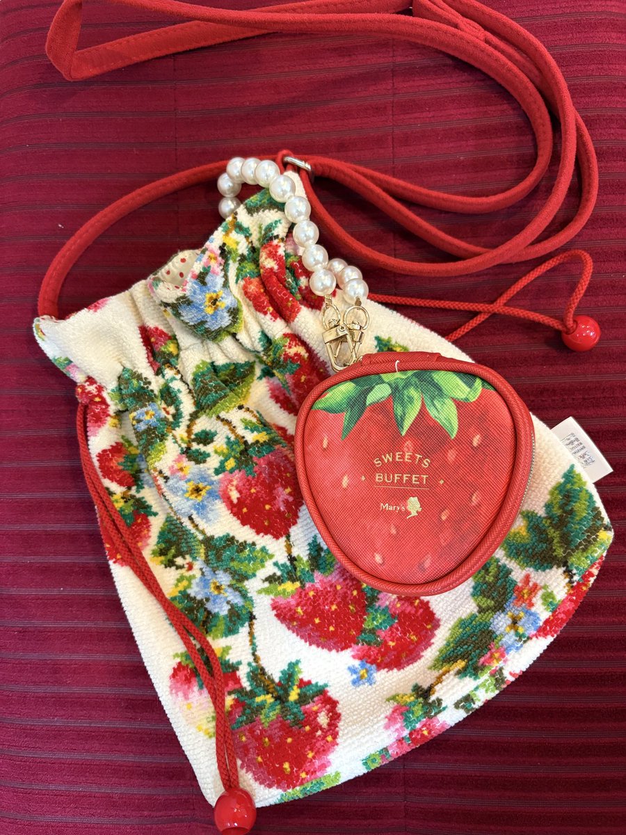メリーのいちごポーチと、フェイラーのいちごバックを合わせたら優勝しました🍓💕💕アラフォー女児なのでこれで子どもを園にお迎え行きます