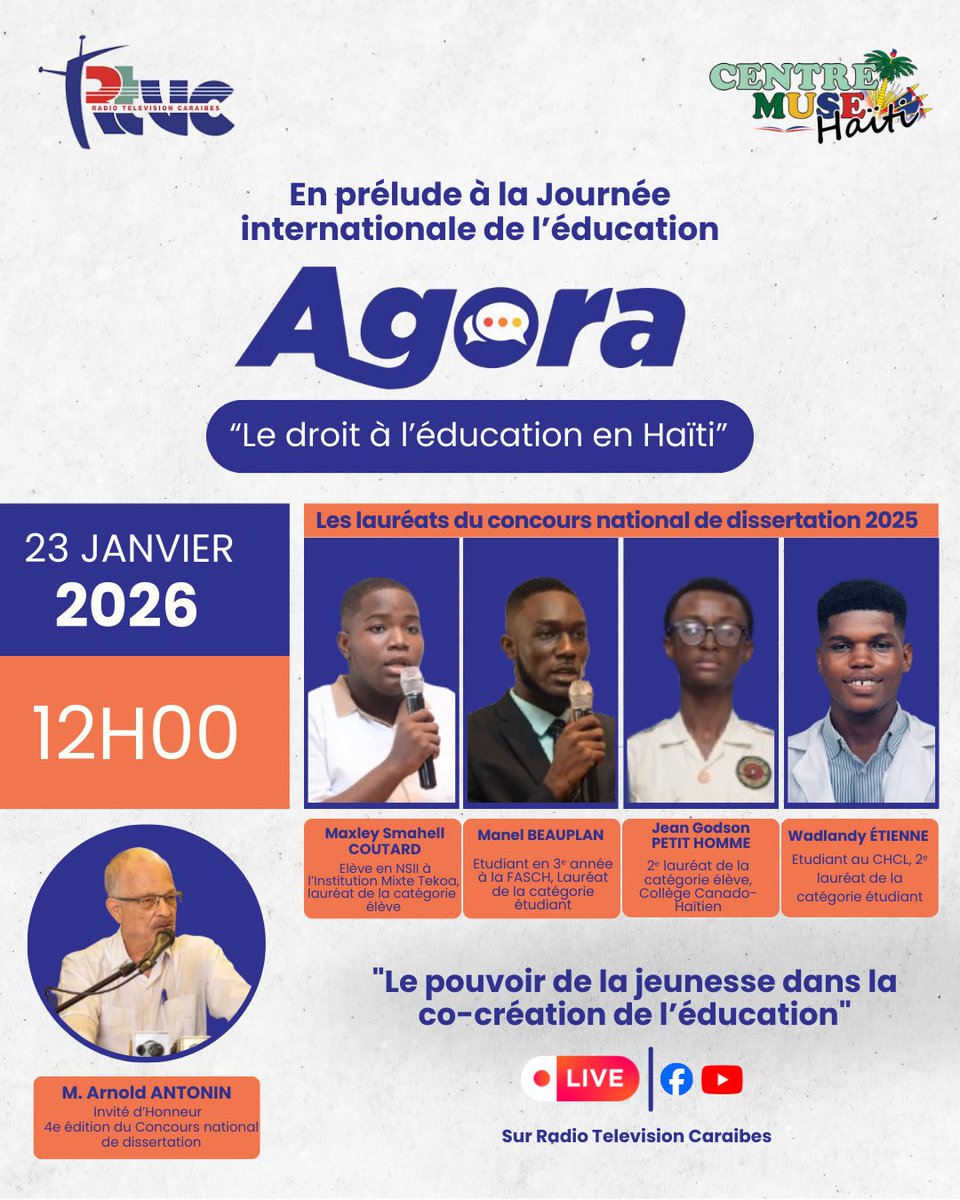 En prélude à la #Journée internationale de l’éducation 2026, la Radio Television Caraibes et le Centre Muse Haïti vous invitent à suivre, sur la chaîne 22 ou en direct sur la #RTVC, une émission spéciale avec les lauréats nationaux du concours de dissertation réalisé en 2025 sur