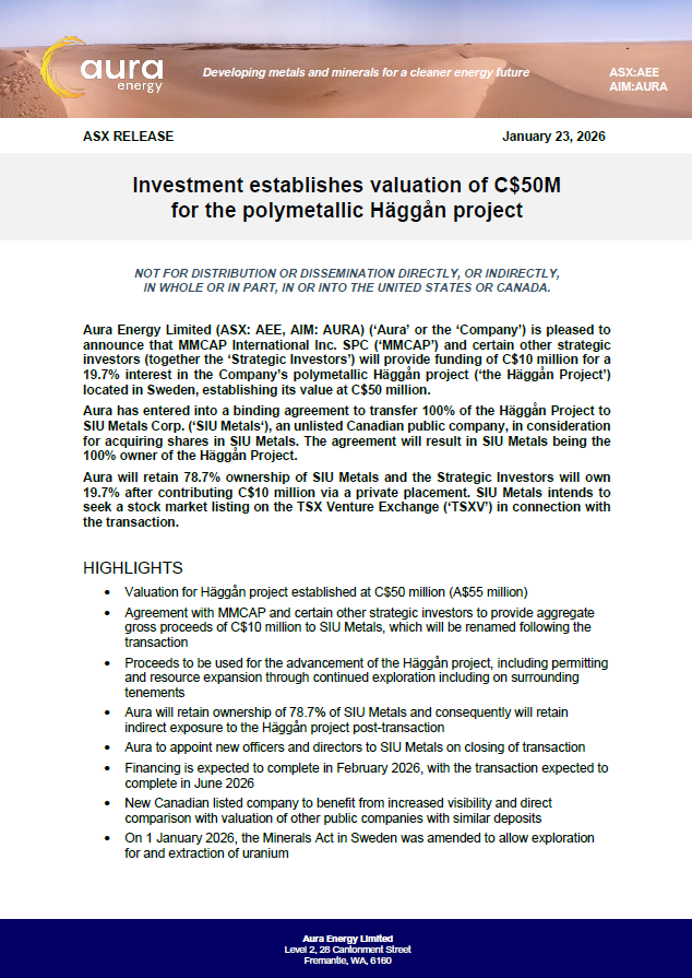 Neu Horizon’s collaboration partner in Sweden, Aura Energy (ASX:AEE), has announced a strategic project-level investment relating to its Häggån uranium project, in connection with a planned TSX Venture Exchange listing.

📣: loom.ly/M9feBLM

#NeuHorizon $AEE #ASX