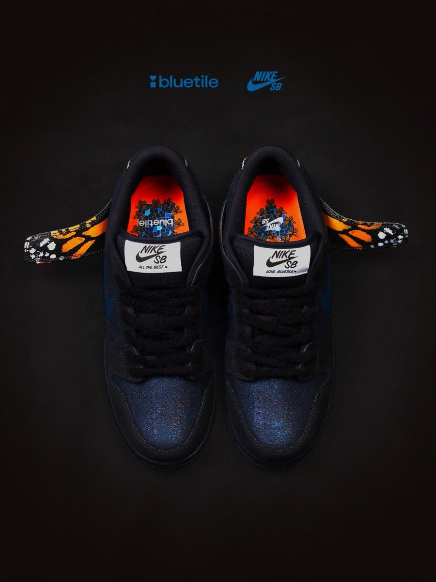 Bluetile Skateboards x Nike SB Dunk Low Pro QS “Monarch Butterfly