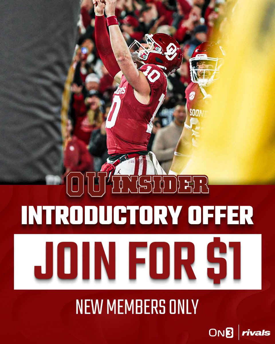 OUInsider's tweet image. Nonstop #Sooners intel in one place⤵️

✅Recruiting Intel on top 2027 &amp;amp; 2028 QB targets + #OU standing 

✅Weekly VIP chats

✅Breaking down #Oklahoma portal haul 

✅2027 safety intel 

Join a growing &amp;amp; VERY active #Sooners community for JUST $1 to start⤵️
