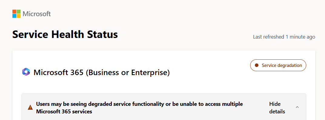 #Microsoft365Down 
Impacto: Degradación del servicio y problemas de acceso en múltiples servicios de Microsoft 365.

Servicios afectados: Exchange Online (envío/recepción de emails y trazas), SharePoint, OneDrive, Teams (chats, reuniones, presencia, eventos) etc