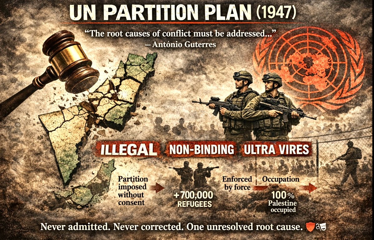 LexCogens's tweet image. António Guterres lectures the world about “root causes” while presiding over zero accountability.
The UN has never addressed the illegality of UNGA Resolution 181: a non-binding partition imposed on Palestine without consent, beyond the General Assembly’s authority, and never…